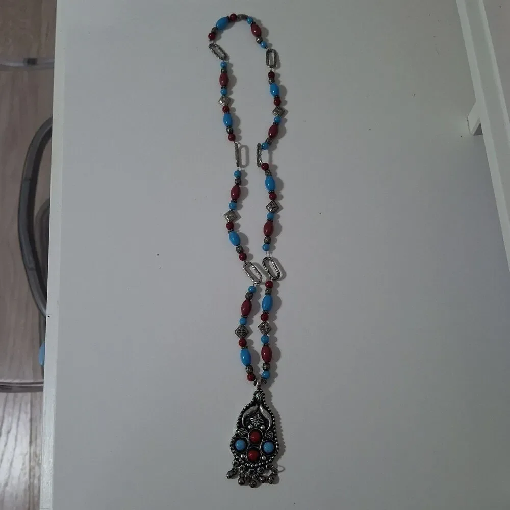 Bohemian Tribal Blue Red Silver Tone Dangling Round Beaded Chain Necklace